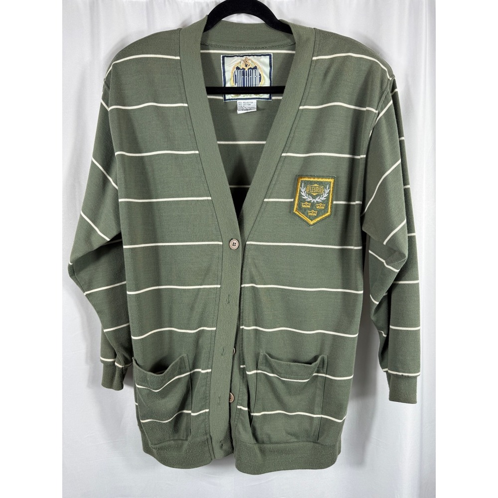 Vintage Cote Fleurie Striped Cardigan Olive Green Crest Patch Pockets L‎ Preppy
